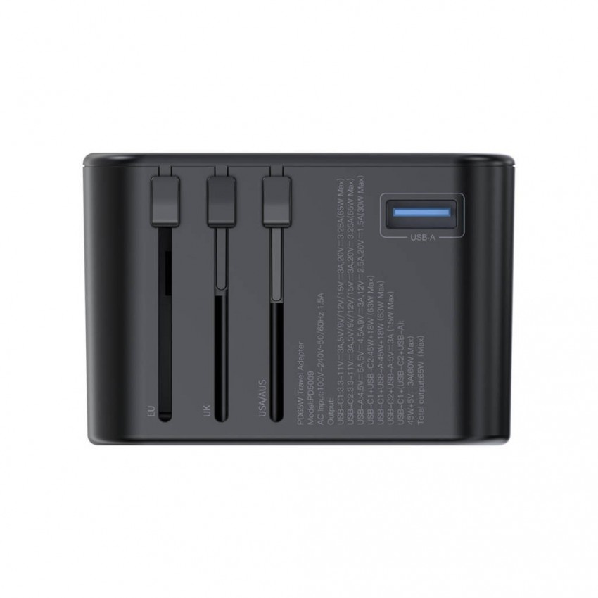 Universāls ceļojumu lādētājs Choetech PD5009 65W 2xUSB-C/USB-A melns