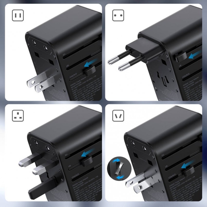 Universāls ceļojumu lādētājs Choetech PD5009 65W 2xUSB-C/USB-A melns