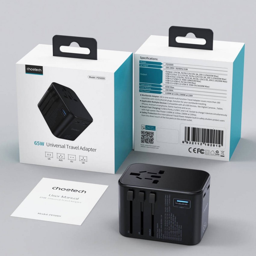 Universāls ceļojumu lādētājs Choetech PD5009 65W 2xUSB-C/USB-A melns