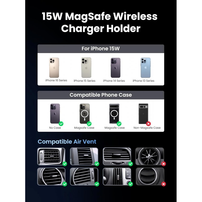 Laadija-hoidjaga magnetauto Ugreen W708 MagSafe 15W (35970) must