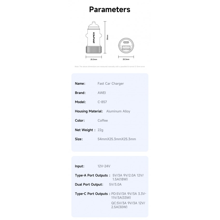 Auto lādētājs Awei C-857 33W USB-C/USB-A melns