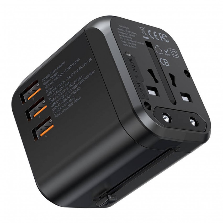 Universāls ceļojumu lādētājs Choetech PD5008 30W USB-C/3xUSB-A melns