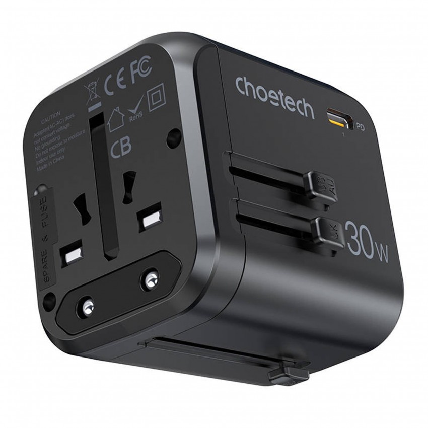 Universāls ceļojumu lādētājs Choetech PD5008 30W USB-C/3xUSB-A melns