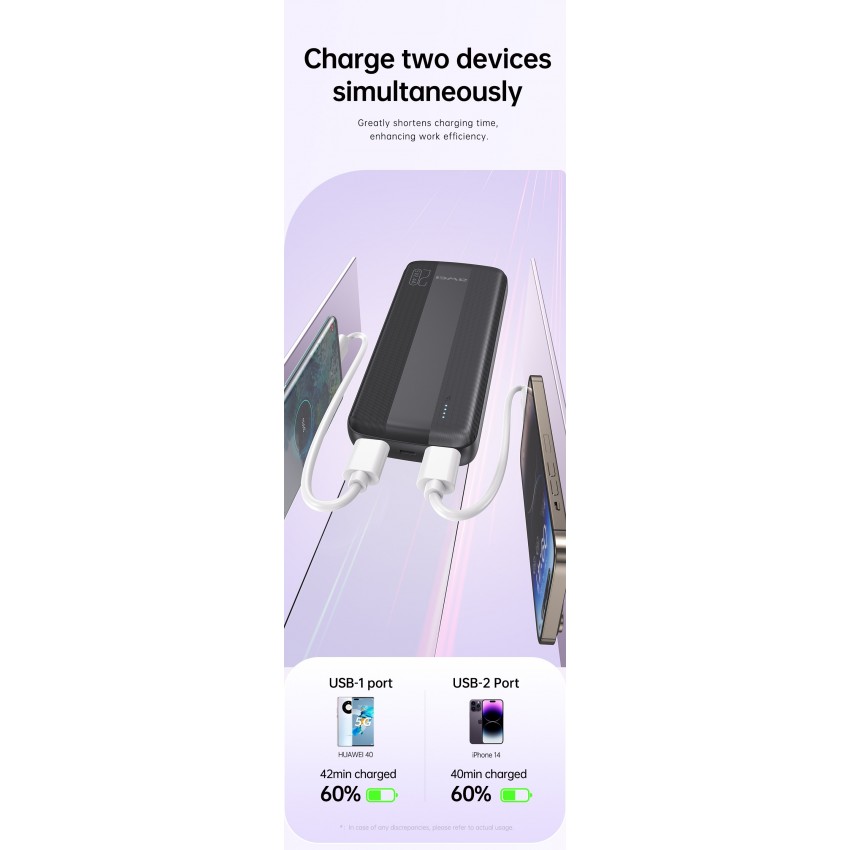 Arejais-akumulators Power Bank Awei P19K 5V/2.4A 20000mAh melns