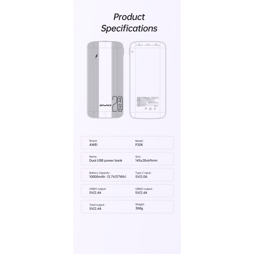 Arejais-akumulators Power Bank Awei P19K 5V/2.4A 20000mAh melns