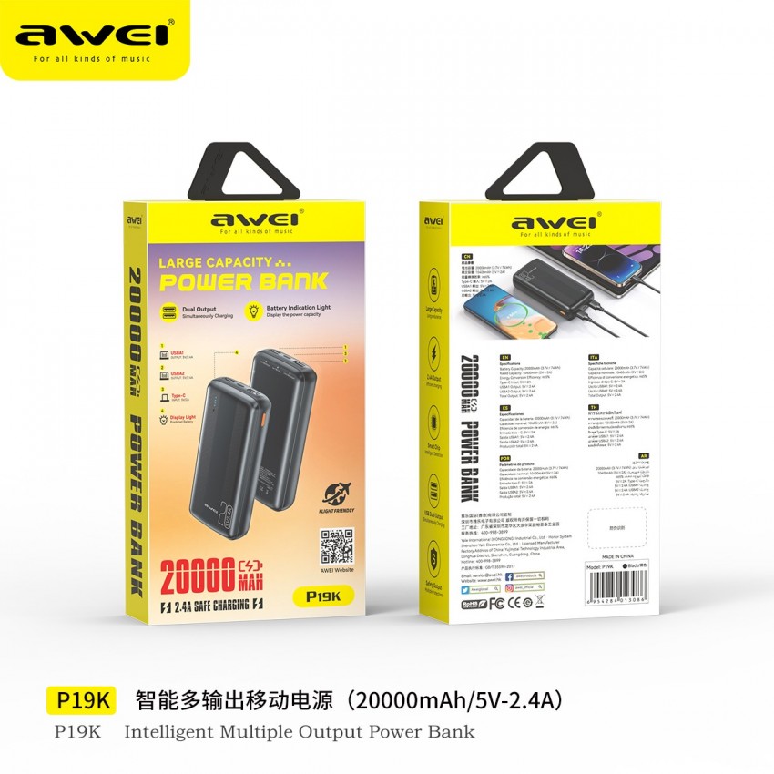Arejais-akumulators Power Bank Awei P19K 5V/2.4A 20000mAh melns