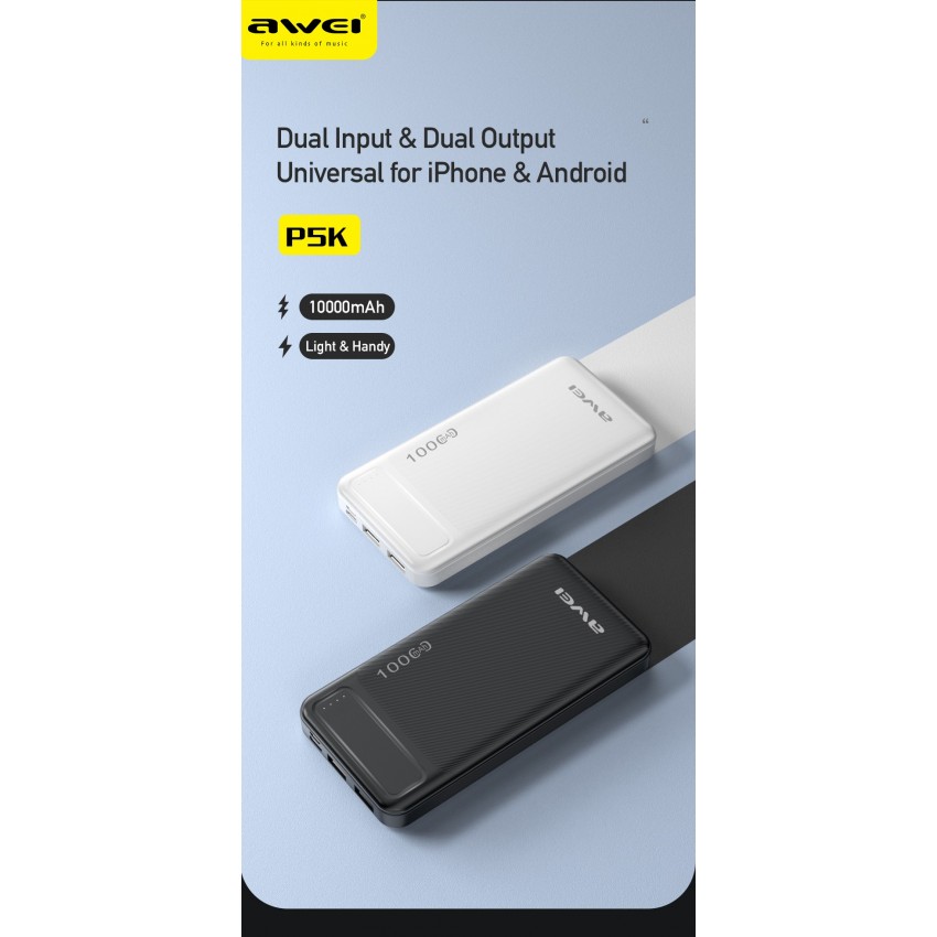 Arejais-akumulators Power Bank Awei P5K 5V/2.1A 10000mAh melns