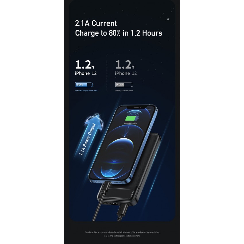 Arejais-akumulators Power Bank Awei P5K 5V/2.1A 10000mAh melns