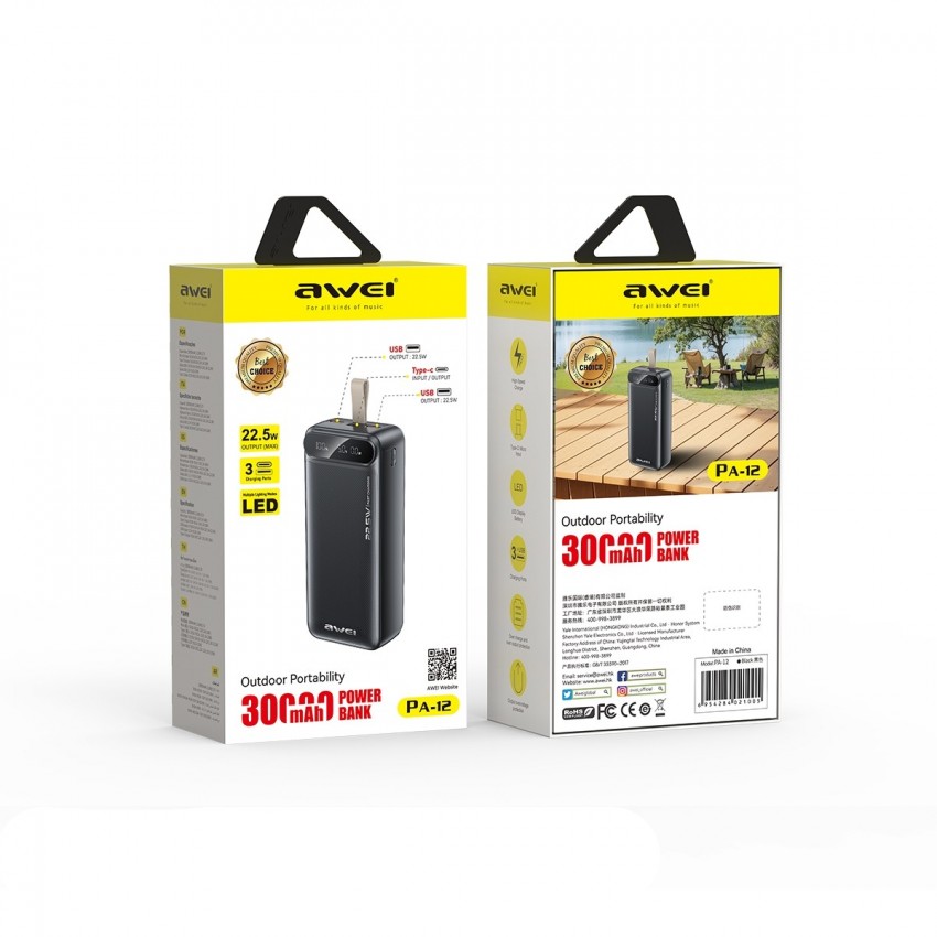 Arejais-akumulators Power Bank Awei PA-12 5V/3A 30000mAh melns