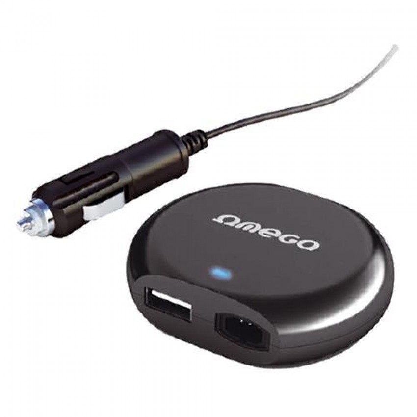 Universāls auto klēpjdatora lādētājs OMEGA 90W 2.1A ar USB portu (8 adapteri, savietojams ar daudziem klēpjdatoru modeļiem) melns