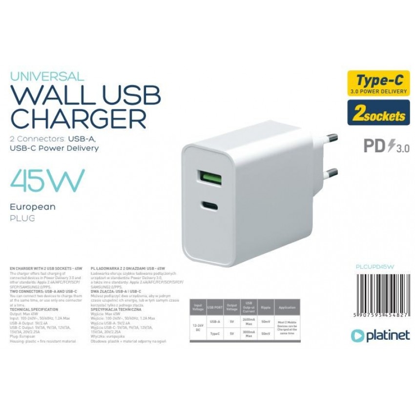 Charger Platinet QuickCharge Type-C+USB 2.4A (45W) white