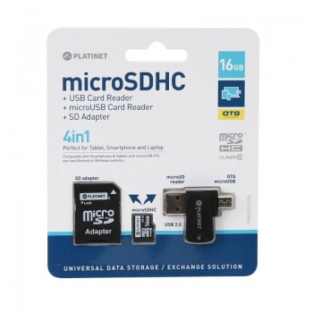 Atmiņas karte Platinet MicroSD 16GB (10. klase) + SD adapteris + OTG karšu lasītājs