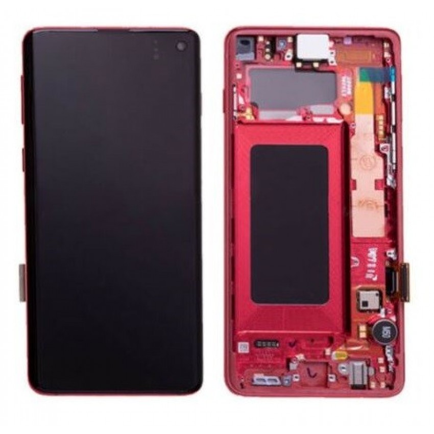LCD displeja ekrāns Samsung G973F S10 ar skārienekrānu un rāmi, sarkans oriģināls (lietots B pakāpe)