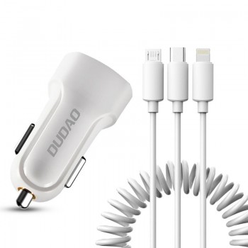 Car charger Dudao R7 (2xUSB; 2.4A) + 3in1 cable lightning+micro+type-C white