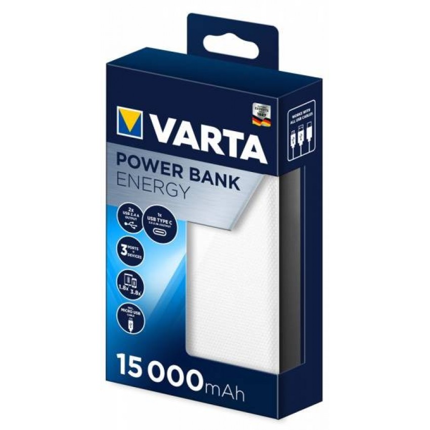 External battery POWER BANK VARTA 15000mAh (2xUSB; 1xUSB-C; 1xMicrousb; LCD) white
