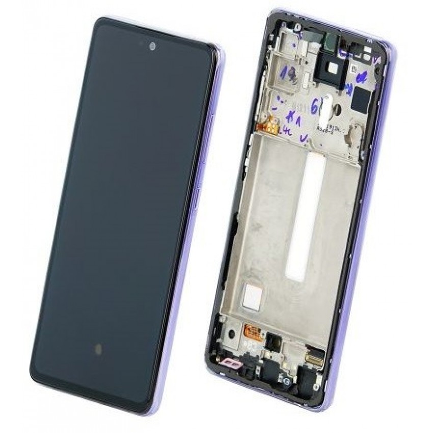 Ekranas Samsung A528 A52S 2021 su lietimui jautriu stikliuku ir rėmeliu Awesome Purple/Violet OLED (real size)
