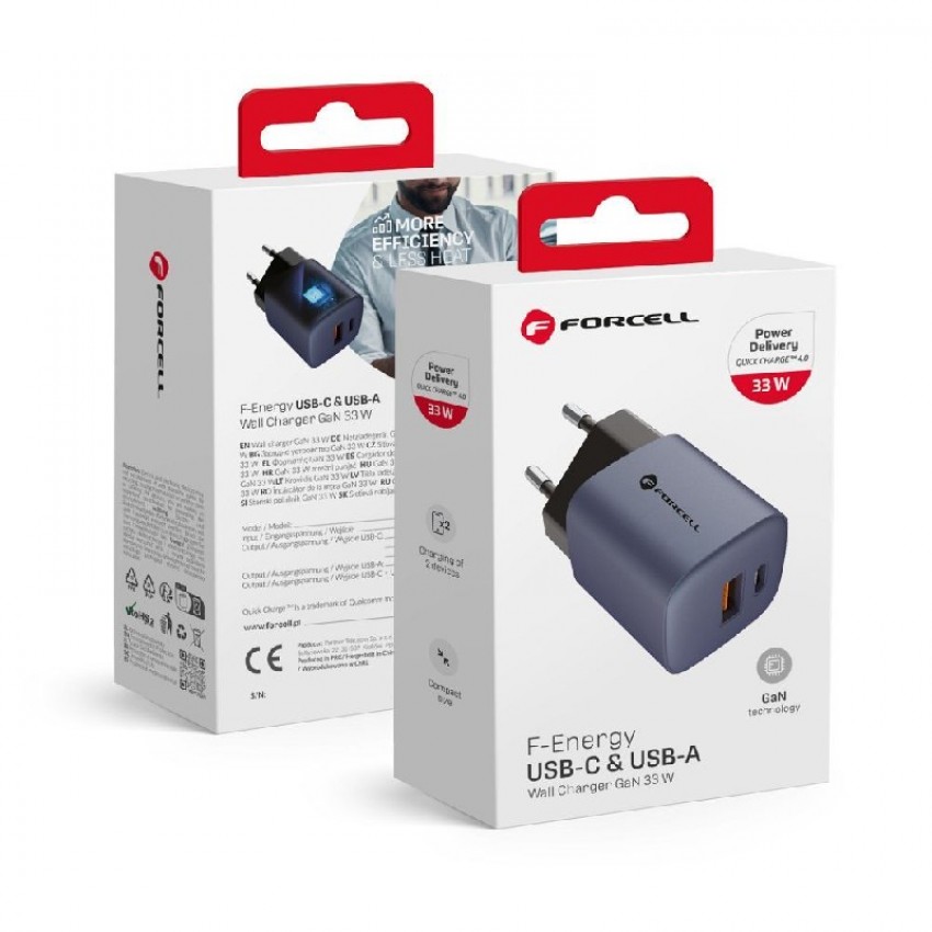 Сетевая зарядка Forcell F-Energy (1xUSB-C;1xUSB 3A 33W) черная