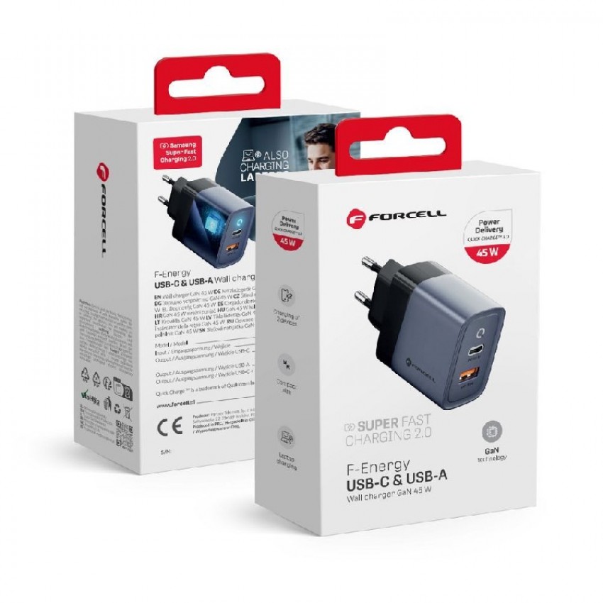 Сетевая зарядка Forcell F-Energy (1xUSB-C;1xUSB 4A 45W) черная