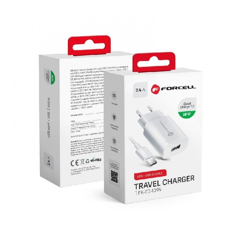 Charger Forcell + type-C kabelis (1xUSB 2.4A 18W) white