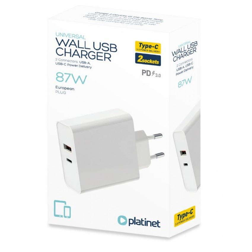 Сетевая зарядка Platinet (PLCUPD87W) (1xUSB-C; 1xUSB) 87W белая