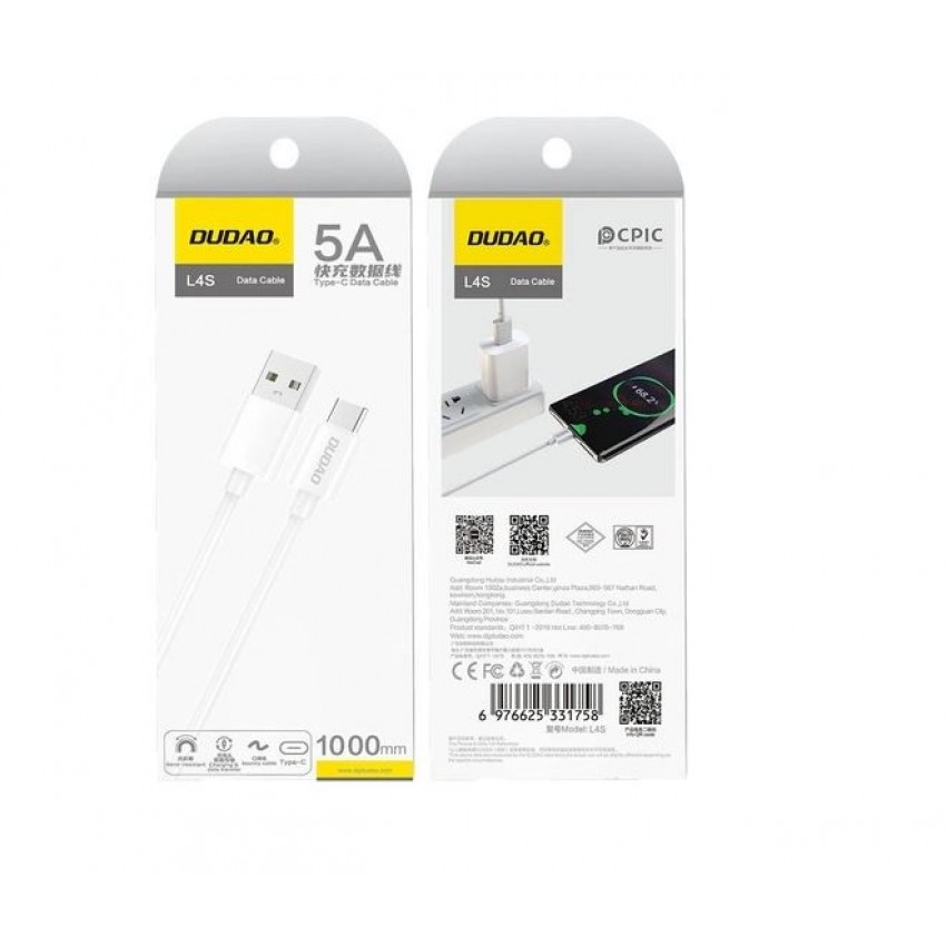 USB kabelis Dudao (L4ST) type-C (2A) baltas (1m)
