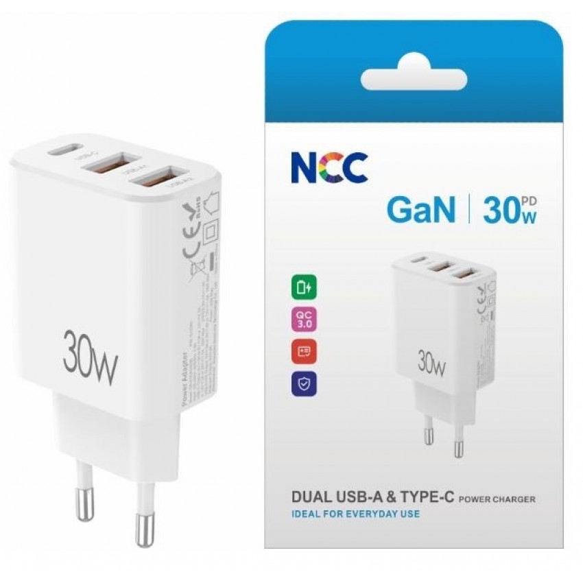 Charger NCC (1xUSB-C; 2xUSB 30W) white