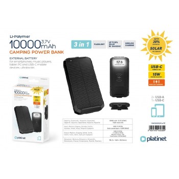 External battery POWER BANK PLATINET SOLAR 10000mAh (2xUSB; 1xUSB-C; 3A) black