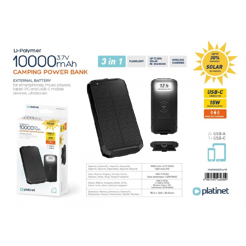 External battery POWER BANK PLATINET SOLAR 10000mAh (2xUSB; 1xUSB-C; 3A) black