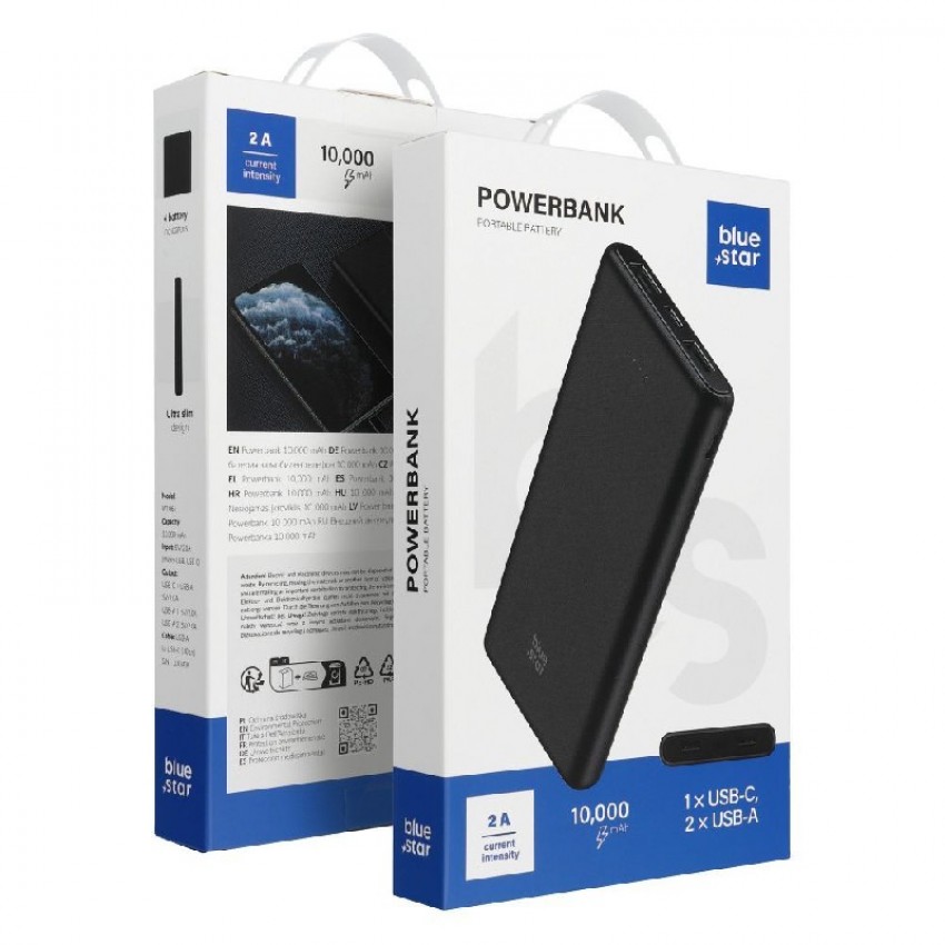 Išorinė baterija POWER BANK Blue Star (W1061) 10000mAh (2xUSB; 1xType-C) juoda