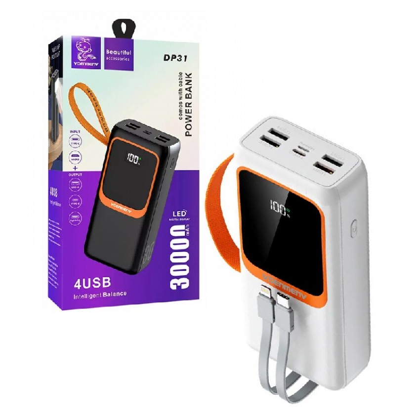 Išorinė baterija POWER BANK DENMEN 30000mAh (4xUSB; 1xUSB-C) balta