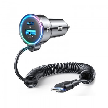 Car charger JOYROOM (JR-CL07) 3IN1 (1xUSB, 1xUSB-C 1.6M 72W) with Type-C cable black