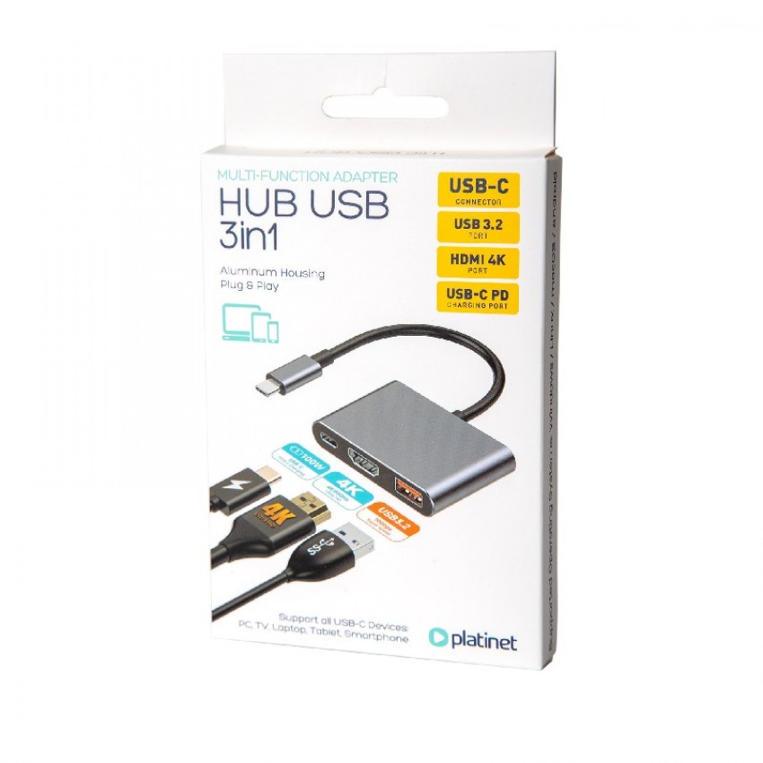 USB-C HUB Platinet 3in1 (PMH9991T) (1xHDMI 4K; 1xUSB-C; 1xUSB 3.2)