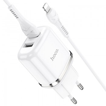 Laadija Hoco N4 kahega USB pistikuga + Lightning (2.4A) valge