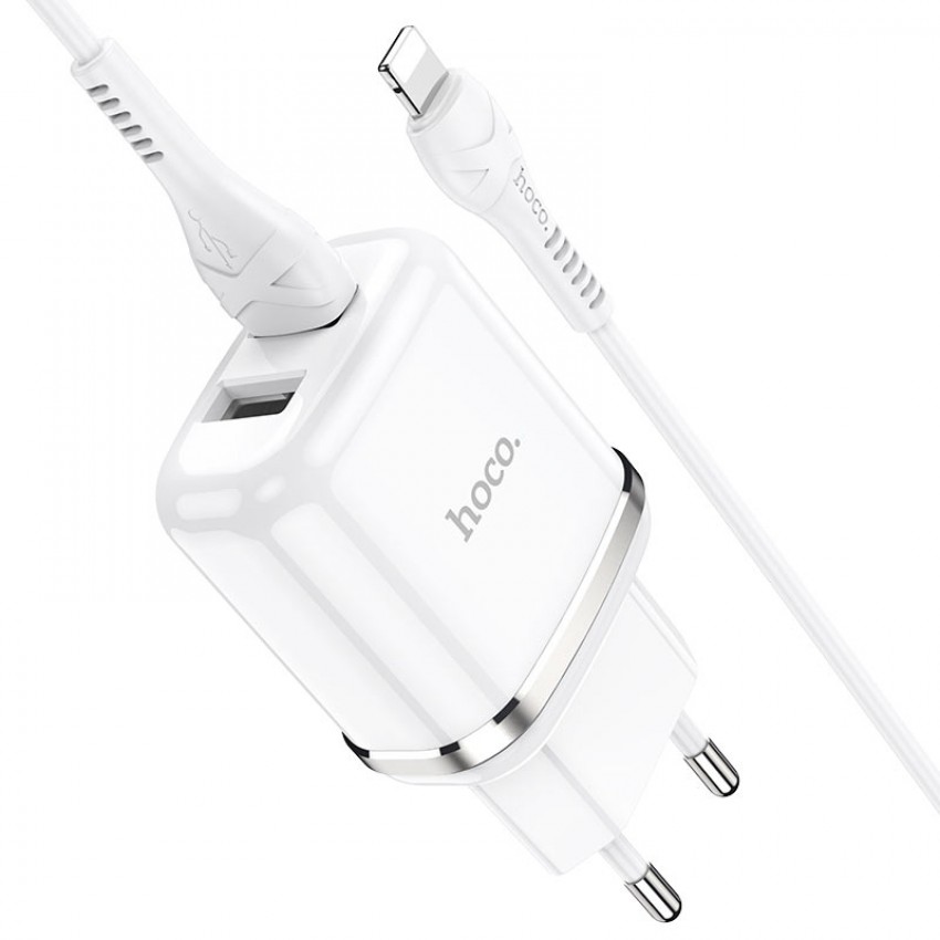 Lādētājs Hoco N4 ar diviem USB savienotājiem + Lightning (2.4A) balts