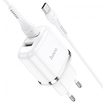 Lādētājs Hoco N4 ar diviem USB savienotājiem + Type-C (2.4A) balts