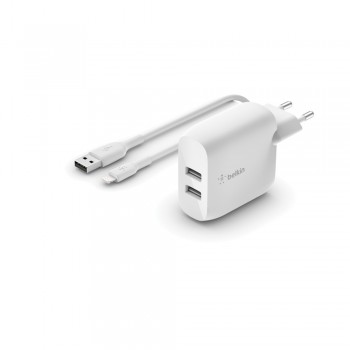 Belkin Boost Charge Dual USB-A Wall Charger 24W + Lightning to USB-A Cable white