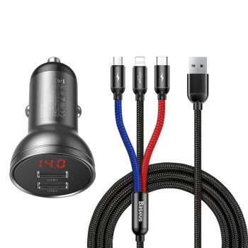 Car charger Baseus Digital Display 24W 2xUSB-A + Type-C/MicroUSB/Lightning 1.2m black TZCCBX-0G