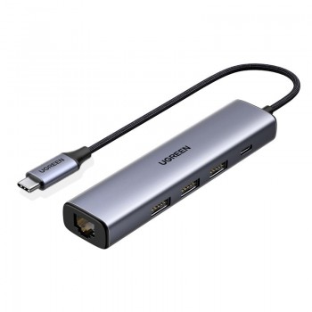 Parveidotājs Ugreen CM475 USB-C to USB-C + 3xUSB-A + RJ45 pelēks