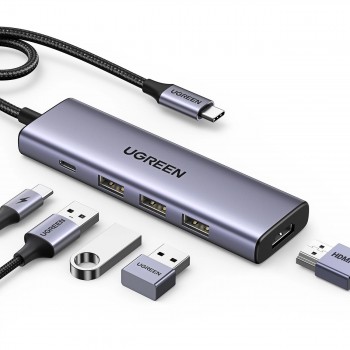 Parveidotājs Ugreen CM511 USB-C to HDMI 1.4 + 3xUSB-A + USB-C PD100W pelēks