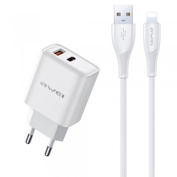 Lādētājs Awei PD81L-EU USB-A/USB-C + USB to Lightning cable balts