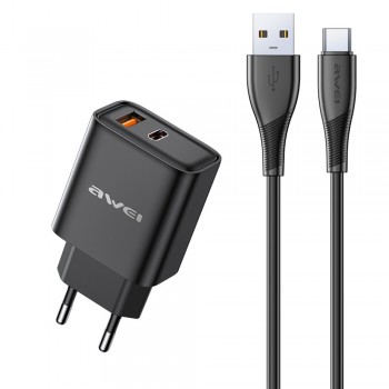 Lādētājs Awei PD81T-EU USB-A/USB-C + USB to USB-C cable melns