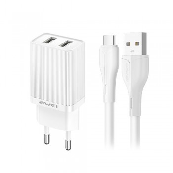 Lādētājs Awei C15T-EU 2xUSB-A 10W + USB to USB-C cable balts