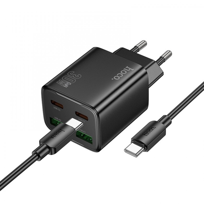 Lādētājs Hoco N56 2xUSB-C/2xUSB-A PD30W + USB-C to USB-C cable 1.0m melns