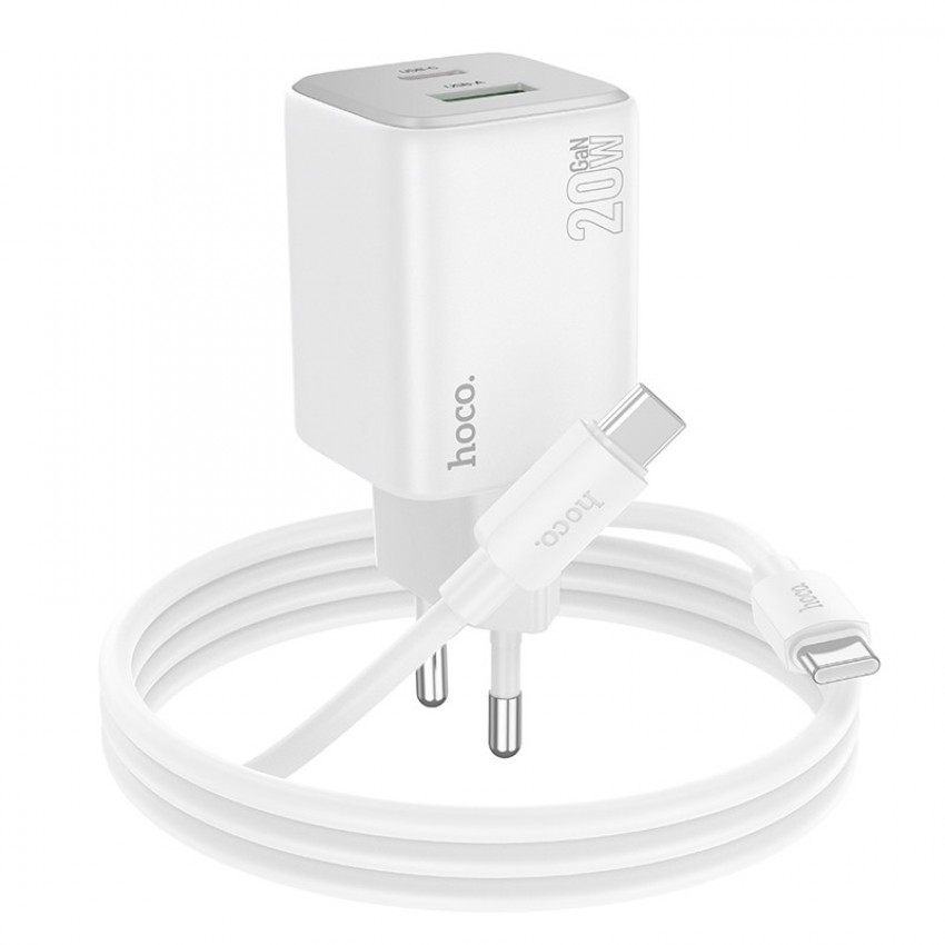 Lādētājs Hoco N41 20W GaN USB-A/USB-C + USB-C to USB-C cable 1.0m balts
