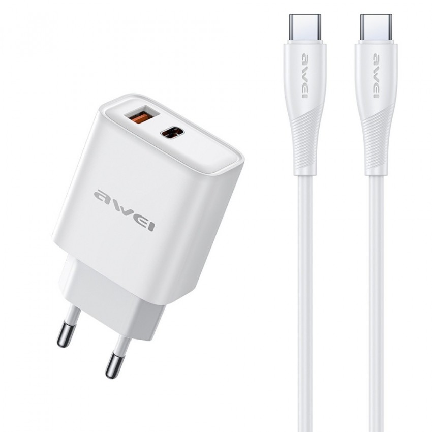 Laadija Awei PD81C-EU USB-A/USB-C + USB-C to USB-C cable valge