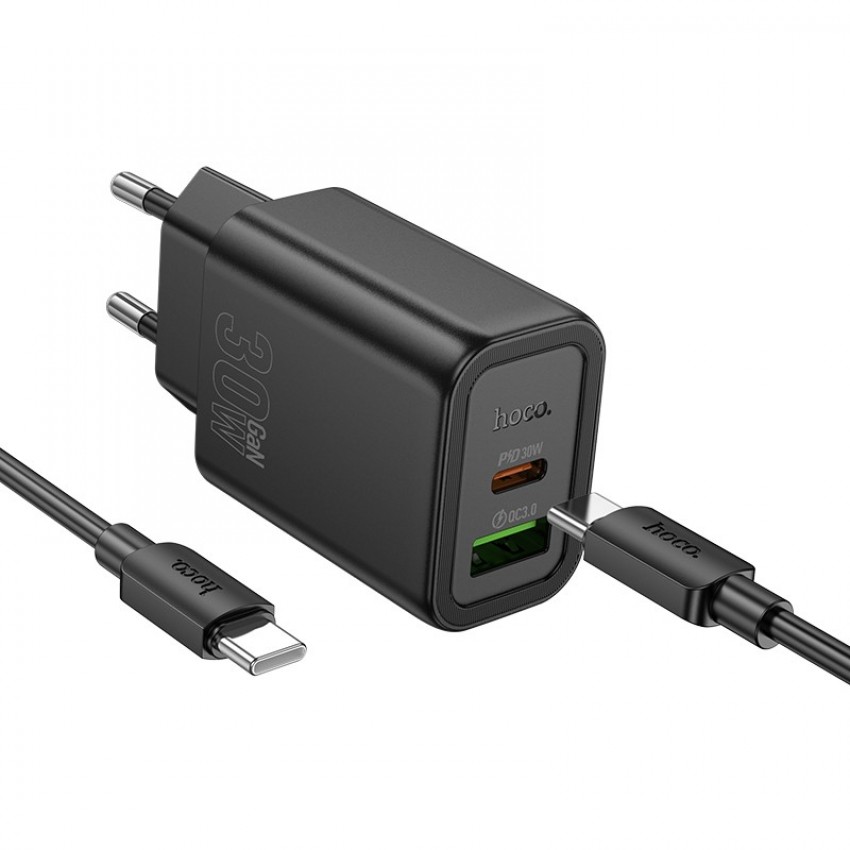 Lādētājs Hoco N63 30W GaN USB-C/USB-A + USB-C to USB-C cable 1.0m melns