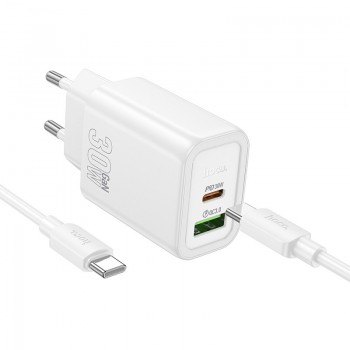 Lādētājs Hoco N63 30W GaN USB-C/USB-A + USB-C to USB-C cable 1.0m balts