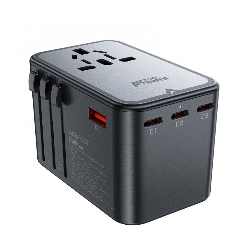 Universāls ceļojumu lādētājs Acefast Z1 75W GaN 2xUSB-A/3xUSB-C melns