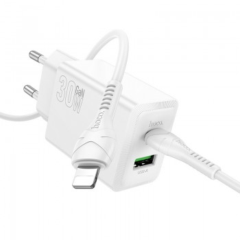 Lādētājs Hoco N71 30W GaN USB-C/USB-A + USB-C to Lightning cable 1.0m balts