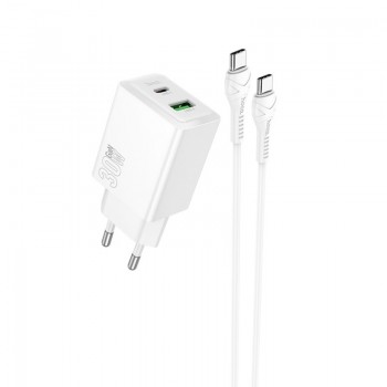 Lādētājs Hoco N71 30W GaN USB-C/USB-A + USB-C to USB-C cable 1.0m balts